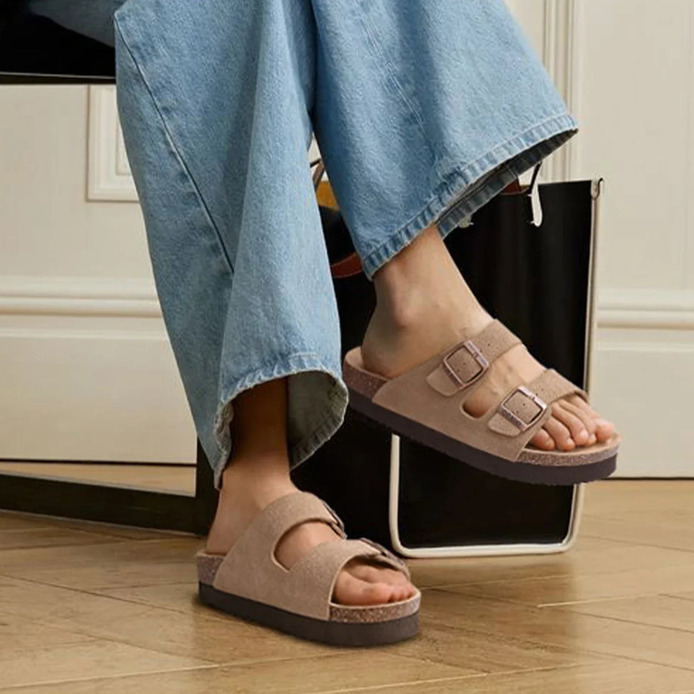 Kidmi New Men Sandals Men Double Buckle Sandals Cork Suede Men Slippers Outdoor Beach Slide Sandals Casual Soft Nonslip Sandals
