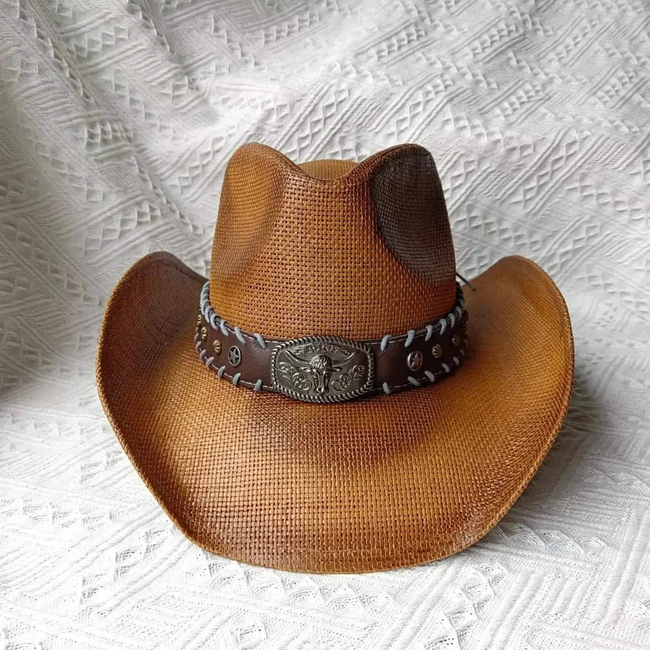 New Lake Blue Western Cowboy Straw Hat 2024 Spring and Summer New Outdoor Sun Hat Men's and Women's Cowboy Hat gorras