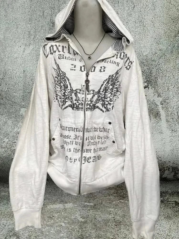 Hooded Sweatshirt Women Grunge Vintage Gothic Print Y2k Aesthetic Zipper Hoodie Harajuku Design Loose Lazy Streetwear Tops New