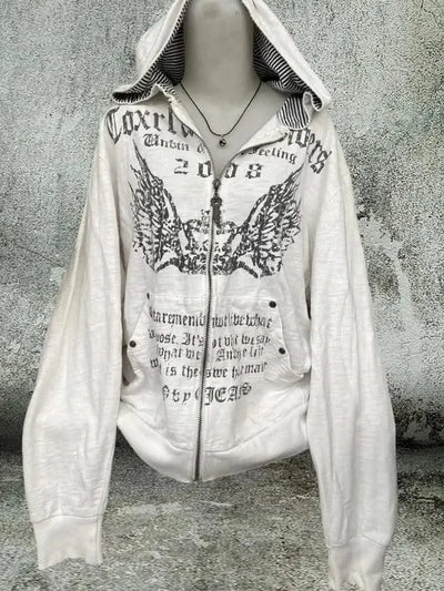 Hooded Sweatshirt Women Grunge Vintage Gothic Print Y2k Aesthetic Zipper Hoodie Harajuku Design Loose Lazy Streetwear Tops New