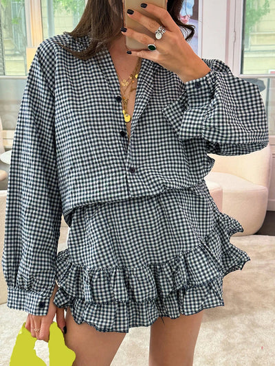 Women's Aesthetic 2 Piece Clothes Outfits Sets Plaid Long Sleeve Button Down Shirts Tops Tiered Ruffle Skirted Shorts Loungewear