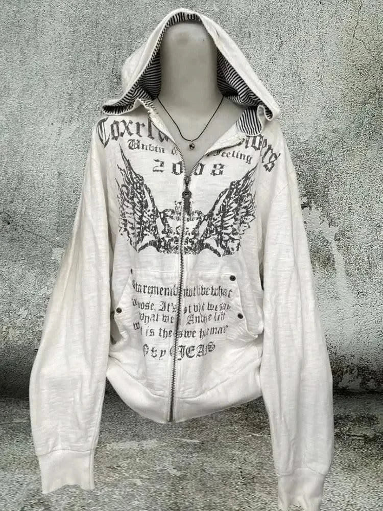 Hooded Sweatshirt Women Grunge Vintage Gothic Print Y2k Aesthetic Zipper Hoodie Harajuku Design Loose Lazy Streetwear Tops New