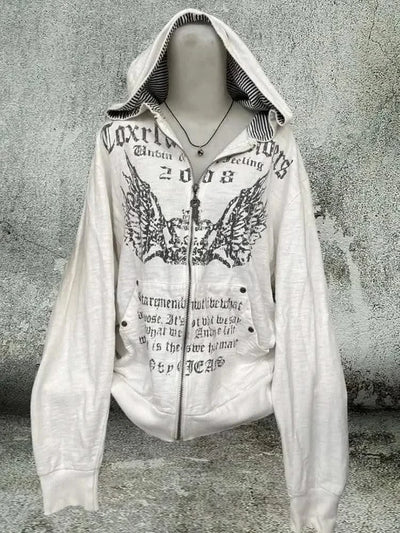 Hooded Sweatshirt Women Grunge Vintage Gothic Print Y2k Aesthetic Zipper Hoodie Harajuku Design Loose Lazy Streetwear Tops New