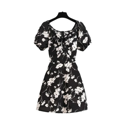 Women Mini Dresses Summer Fashion Female Vestidos Print Floral Chiffon Dresses Shirring Pleated Short Puffy Sleeve Casual Dress