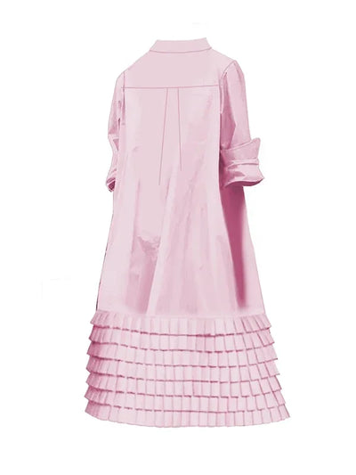 Women’s A-Line Midi Dresses 2024 New Autumn Summer Long Sleeves Layered Pleated Pockets Solid Color Lapel Shirt Dress