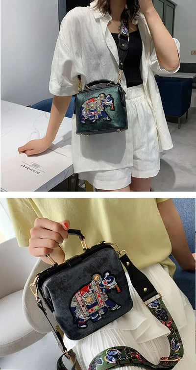 Fashion Women Leather Handbag Messenger Bag Purses Satchels Designer Luxury Handbags Crossbody Bags Elephant Embroidered Bags