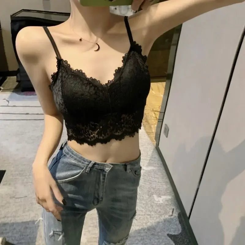 Women's Lace Bra Sexy Hollow Out Flower Underwear Bralette Wireless Push Up Breathable Strap Padded Vest Lingerie