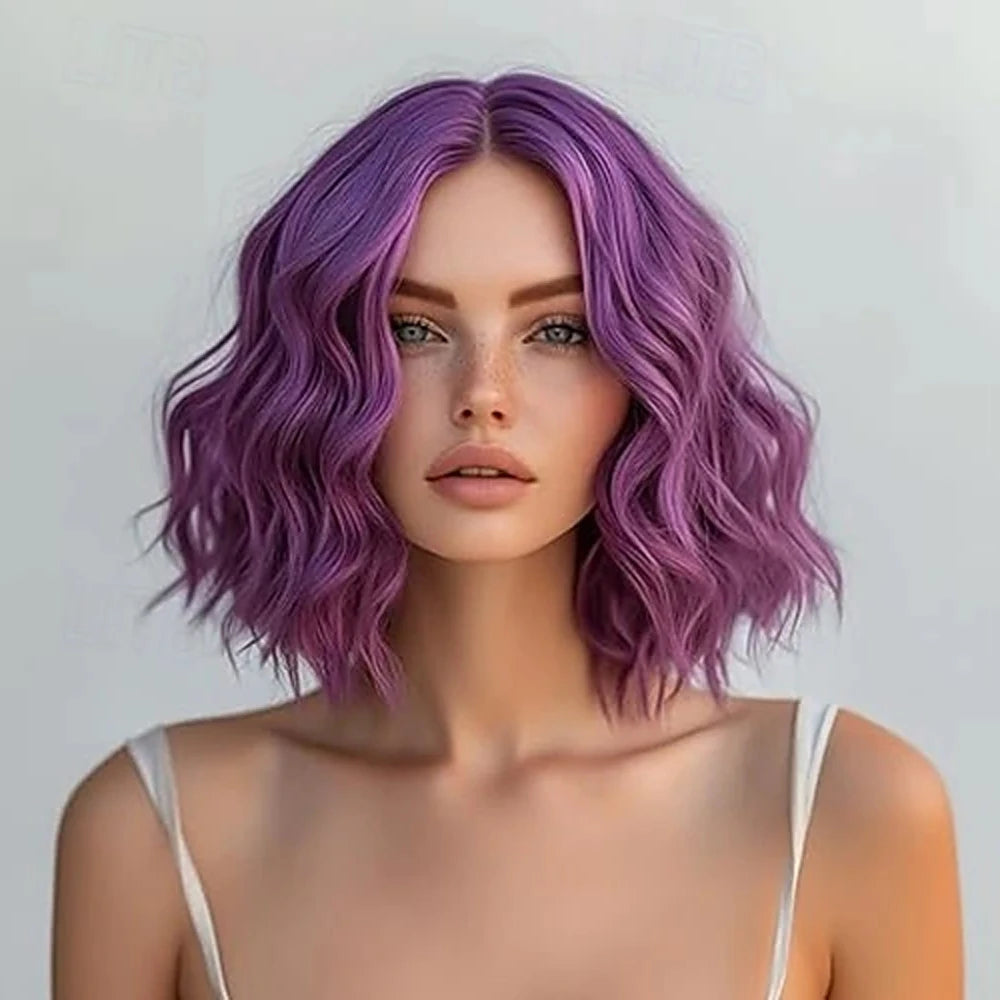 HAIRJOY Synthetic Hair Wavy Wigs for Women Short  Middle Part Curly  Bob Wig  Heat Resistant Fiber Wig for Daily Party Use