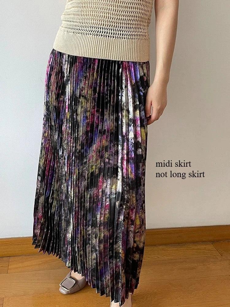 Shiny Colorful Luxury High Waist Midi Skirt 2025 Spring/Summer Fashion Trends Elastic Waistband Pleated Skirt Old Money Style