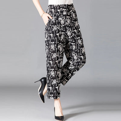 XL-8XL Summer Women Harem Pants Casual High Waist Pants Printed Elastic Waist Middle Aged Women Trousers Summer Bottoms