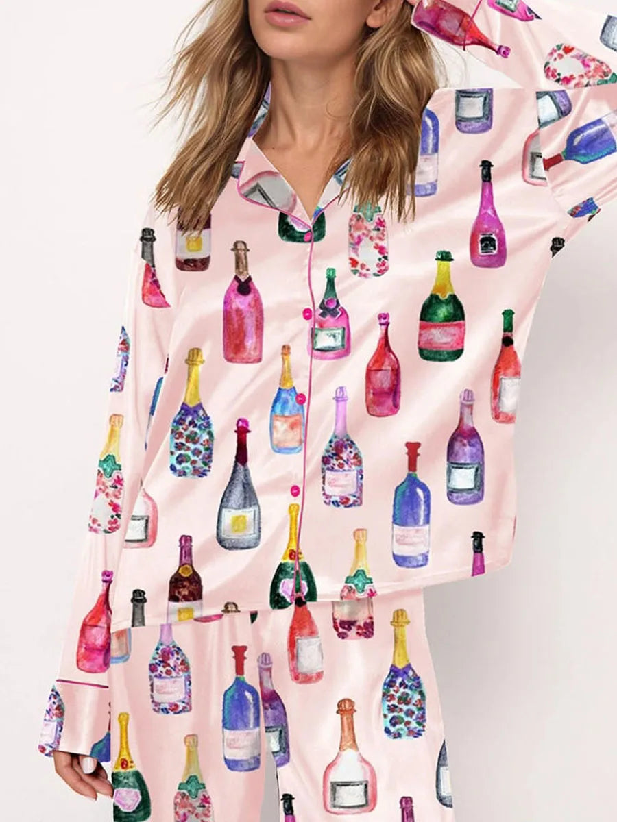 Womens Satin Pajamas Sets  2 Piece Set Champagne Bottle Wine Glasses Long Sleeve Button down Shirt Pants Satin Silk Loungewear
