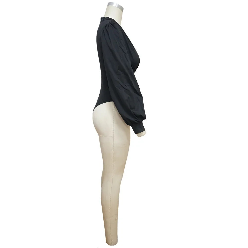Sexy Lace Applique Long Sleeve Women Bodysuit Mesh Bodysuits Deep V Neck Backless Leotard Tops Female Basic Tops