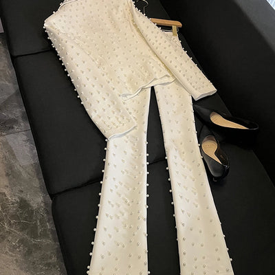 TWOTWINSTYLE Spliced Pearl Solid Two Piece Sets For Women Lapel Long Sleeve Top High Waist Pants Elegant Set Female KSE534390