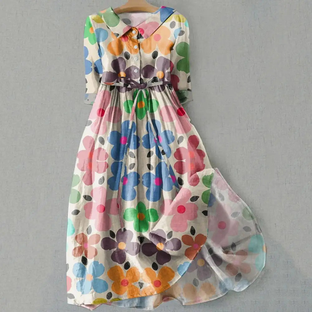 A-line Dress Bohemian Floral Print Midi Dress with Lace-up Detail A-line Silhouette for Women Spring Fashion Statement Women