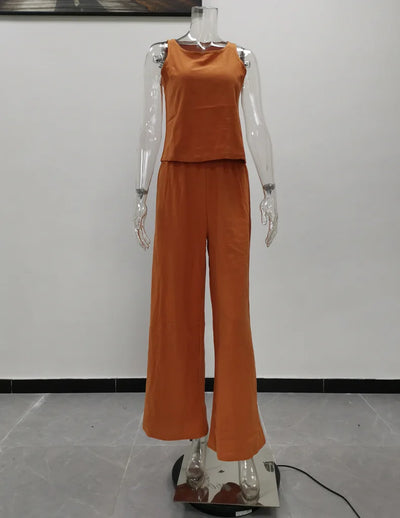 Women's New Cotton Linen Suit Summer Casual Sleeveless Round Neck Top Trousers Wide Leg Pants Two-piece Set For Women