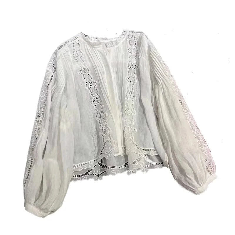 White Pink Tops Women Hollow Out Embroidery