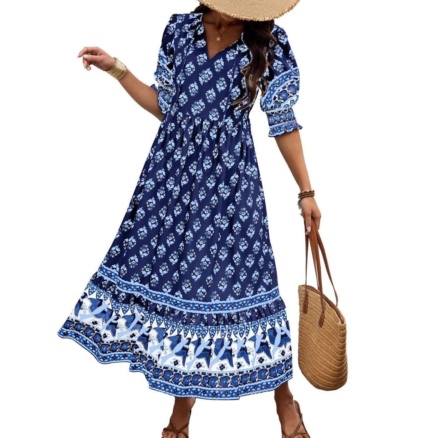 dresses for women Fashion summer Casual long dresses Bohemian V-Neck Printed High Waisted Big Swing Dress vestidos cortos