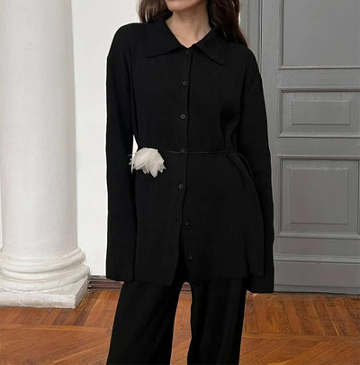 2025 Autumn Street Outfits Knitted Cardigan Pants Sets Women Single Breasted Lapel Sweater High Waist Wide Leg Trousers Suit