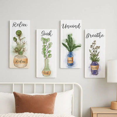 Wall Plate Wooden Floral Wall Art Rustic Style Decorative Plants Hanging Sign Handmade Wall Decor Paintings Bathroom Decor