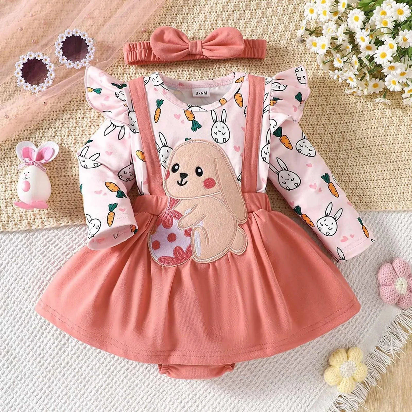 Long Sleeve Cartoon Cute Pink Rabbit Bodysuit Rompers for Newborn Baby Girl |My First Easter Baby Clothes