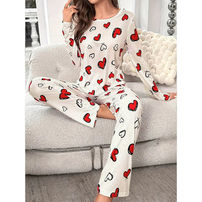 Sleepwear Women's Black Love Print Long Sleeve Trousers Student Loungewear Pajama Set Girl O-Neck Fashion Soft Casual Nightwear