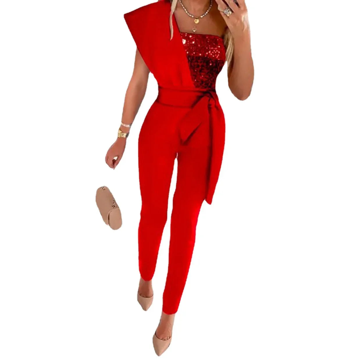 Summer Bodysuit Sexy Party Overalls Solid Sleeveless Women Jumpsuit Long Pants Rompers Lace-up Slim-fit Sequin Women's Trousers