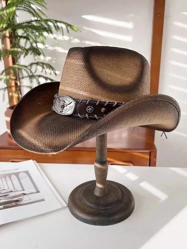 New Lake Blue Western Cowboy Straw Hat 2024 Spring and Summer New Outdoor Sun Hat Men's and Women's Cowboy Hat gorras