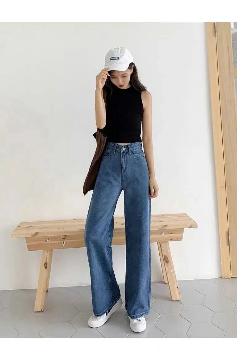 Loose Straight Cylinder Women Jeans High Waist Slimming Long Pants Trendy Cotton Fabric Comfortable Casual Style