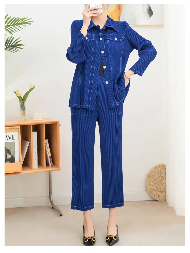 Wrinkle fashion casual suit for women high-end and casual loose fit plus size shirt collar top straight leg pants [20240514]