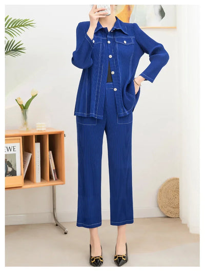 Wrinkle fashion casual suit for women high-end and casual loose fit plus size shirt collar top straight leg pants [20240514]