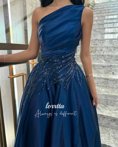 Luxury Woman Women's Evening Dress Dark Blue Satin Glitter Trim Line A Graduation Dresses Party Elegant Prom Wedding Customized