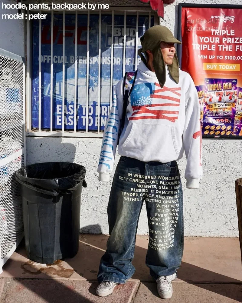 Y2K men Jeans gothic American Pattern letter jeans vintage Casual men women Harajuku Fashion streetwear Hip Hop wide leg jeans