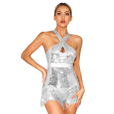Women's Sequin Dance Dress Latin American Dance Costume Body Sleeveless Classical Samba Rumba Dresses Jazz Ballerina Dancewear