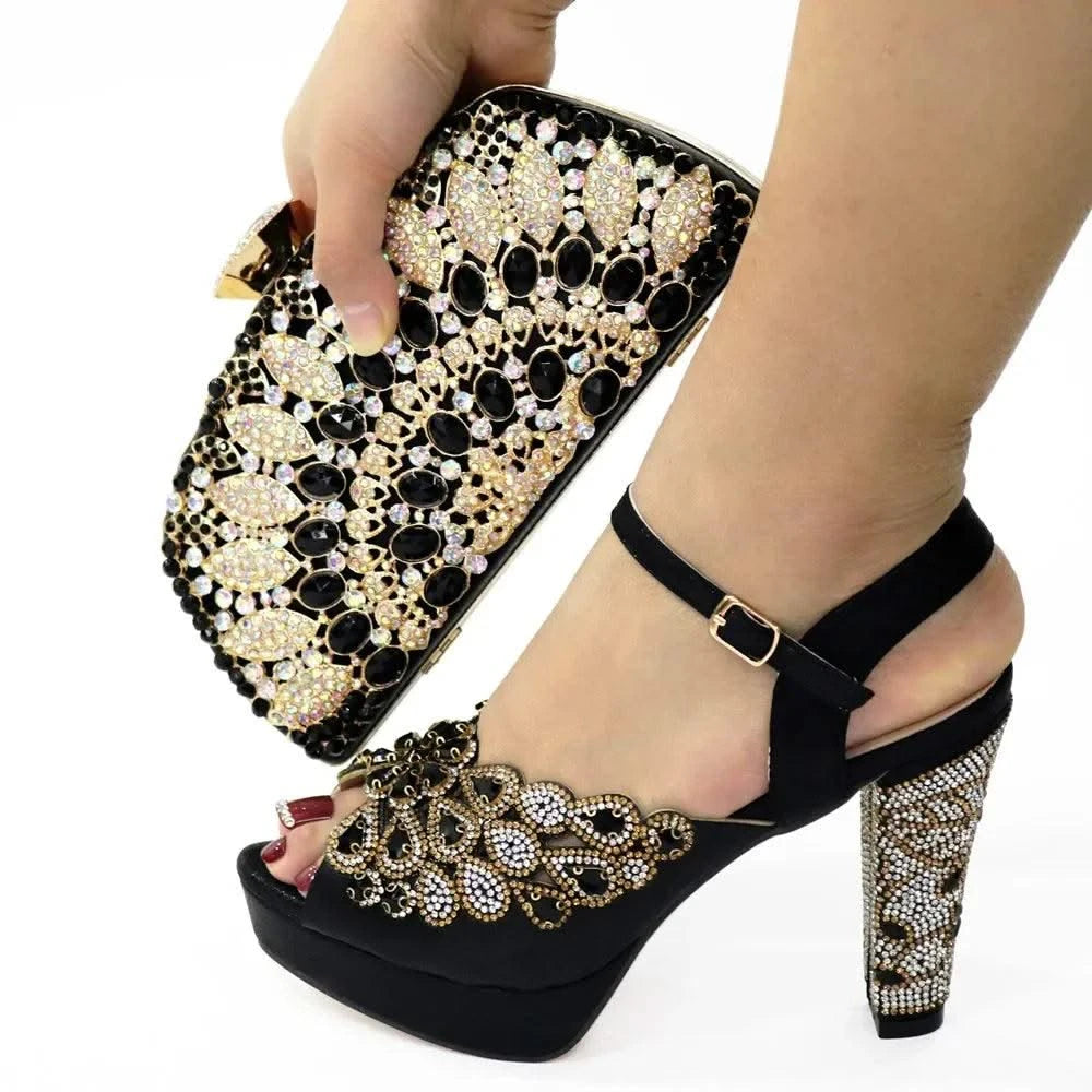 Embroidery Italian Design Pointed-Toe High-heeled Shoes and Bags Set for Women