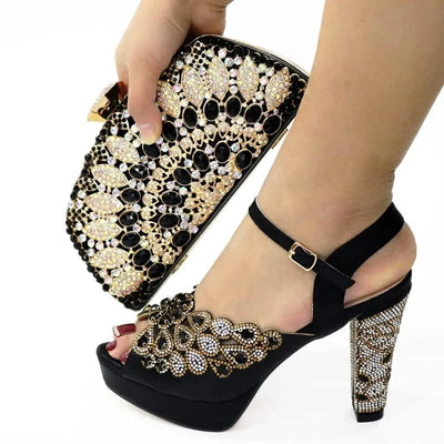 Embroidery Italian Design Pointed-Toe High-heeled Shoes and Bags Set for Women