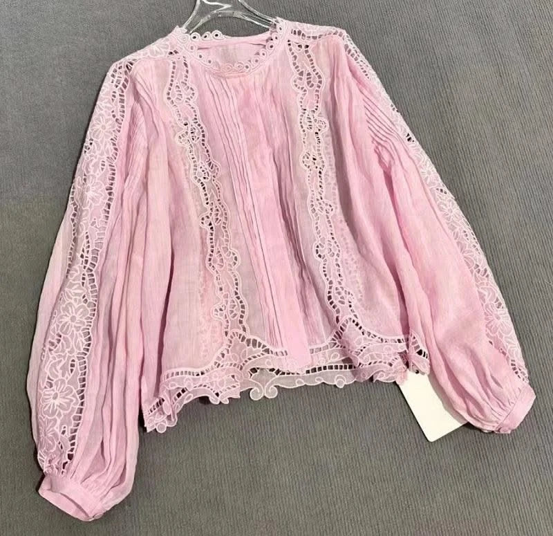 White Pink Tops Women Hollow Out Embroidery