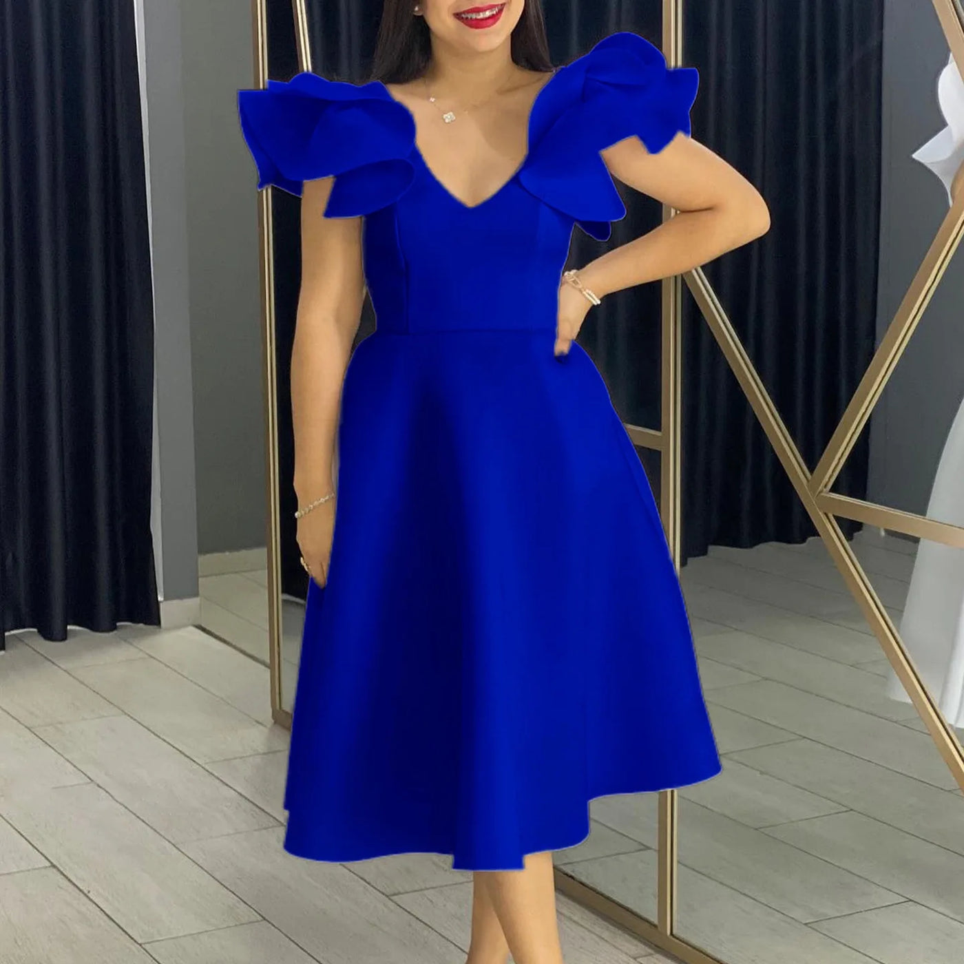 Elegant Party Dresses for Women V Neck Ruffles Sleeve High Waisted A Line Mid Calf Luxury Birthday Dinner Vestidos Mujer Dress