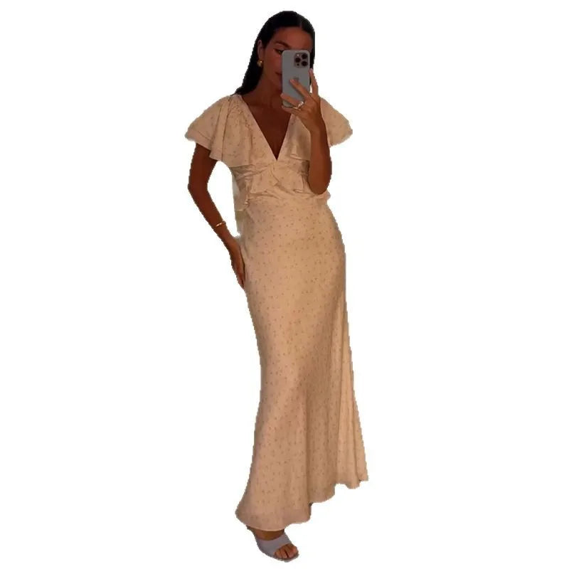 Womens Dresses 2025 Summer New Woman Clothing V Collar Ruffles Sleeve High Waist Long One-piece Dress Gown