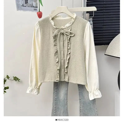 French Ruffle Bow Tie Long Sleeve Blouse Women's Autumn Luxury Chic