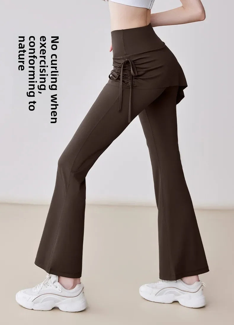 New Flared Culottes for Women Fake Two Micro-flared Pants Wrinkle High Waist Lift Hip Yoga Pants Slim-fit Elastic Waist Rope