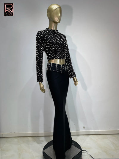Women Luxury Pearl Sequin Embroidery Bandage Outfits Dress Long Sleeve Crop Top Long Flare Skirt 2 Pieces Set Evening Party