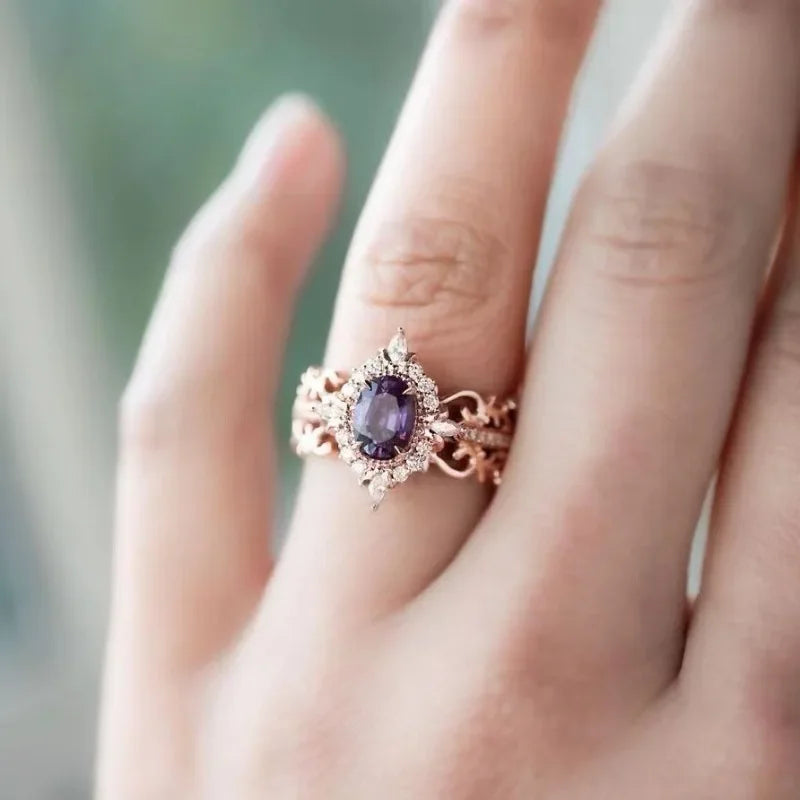 Luxury Women Rings Rose Gold Color Round Purple Stone Rings Party Accessories Gift