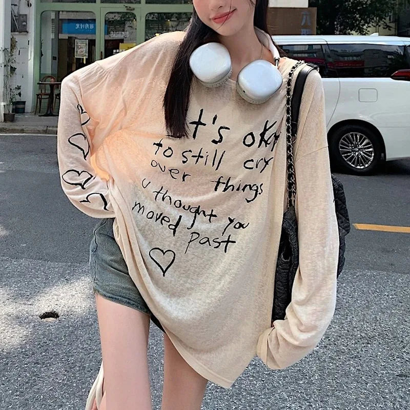 Women T-shirts Retro Letter Printed T-shirts Girls Casual Daily Long Sleeve Tops Lady Korean Fashion Baggy Clothes