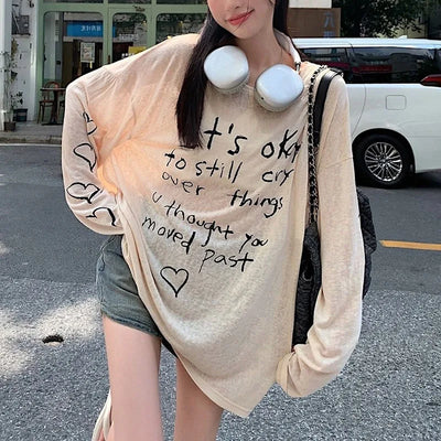 Women T-shirts Retro Letter Printed T-shirts Girls Casual Daily Long Sleeve Tops Lady Korean Fashion Baggy Clothes
