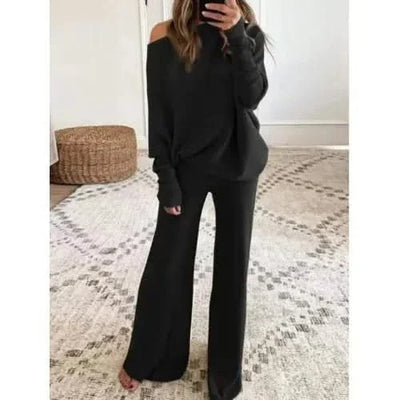 Autumn Winter Fashion 2pcs Suits 2024 Women Outfits Slanted Neck Off Shoulder Top Wide Leg Pants Two-piece Set Women Tracksuits
