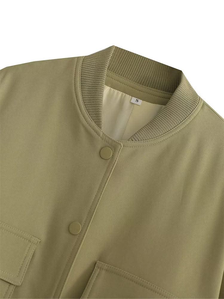 Women Fashion Solid Bomber Jackets Coat With Pockets V-Neck Single Breasted