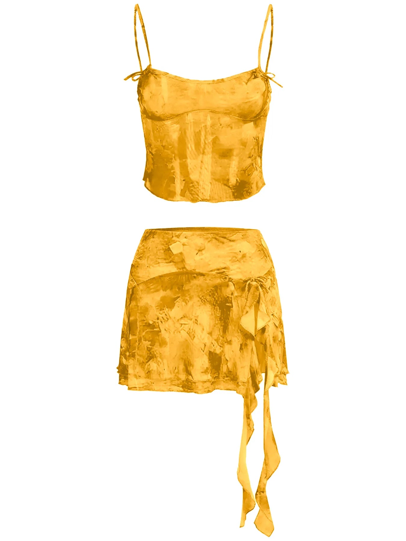 Women's Summer Sexy 2 Pieces Set New Chic Printed Spaghetti Strap Sleeveless Crop Top and Elastic Waist Ruffles Mini Skirt Suits