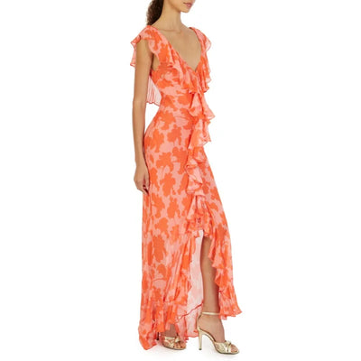 Summer Women Floral Bohemian Dress Elegant Chiffon Sleeveless V Neck Irregualr Slit Long Dress Sexy Slim Ruffle Vacation Dress