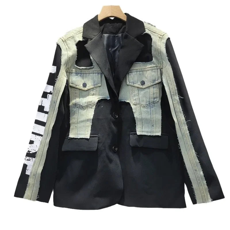 YEAE Women's Blazer Unique Design Patchwork Denim Letters Graffiti Female Black Suit Jackets 2025 New Fashion Spring