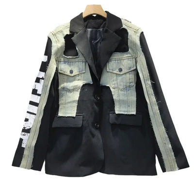 YEAE Women's Blazer Unique Design Patchwork Denim Letters Graffiti Female Black Suit Jackets 2025 New Fashion Spring